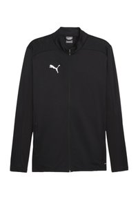Veste de sport noire avec fermeture éclair à l'avant, col ras du cou et tissu texturé. Présente un logo Puma blanc sur la poitrine gauche et des poches latérales.