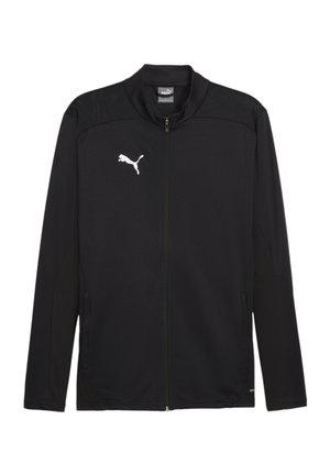 Veste de sport noire avec fermeture éclair à l'avant, col ras du cou et tissu texturé. Présente un logo Puma blanc sur la poitrine gauche et des poches latérales.