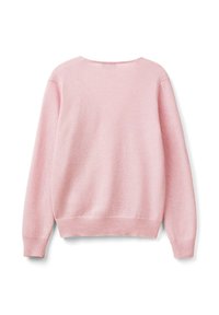 Suéter de manga larga en suave color rosa con puños y dobladillo acanalados, mostrado plano con la parte trasera hacia arriba sobre un fondo blanco.