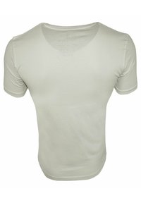 Hellgraues, tailliertes T-Shirt mit kurzen Ärmeln, aus weicher Baumwolle, mit Rundhalsausschnitt und glatter Textur. Die Rückansicht zeigt ein minimalistisches Design.