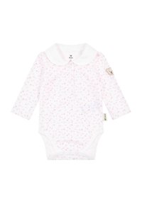 Tutina a maniche lunghe rosa con colletto bianco, dotata di un'appliqué a forma di orso sulla manica e chiusura a scatto sul fondo. Materiale in cotone morbido.