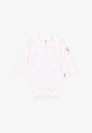 Combinaison longue à manches roses à fleurs avec un col blanc, ornée d'un patch d'ours sur la manche et d'une fermeture à pression en bas. Tissu en coton doux.