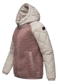 Polsterdatud jakk, millel on tikitud heledat beeži ülemist osa ja pehme mauve fliisist esiosa. Omab kapuutsi ja küljetaskuid. Pehme tekstuur, vastupidav kangas.