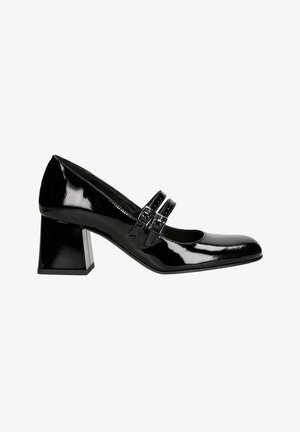 Escarpins Mary Jane en cuir verni noir avec un bout carré, deux sangles à boucle et un talon épais. Texture lisse avec une finition brillante.