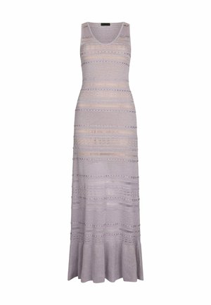 Abito lungo in maglia lavanda senza maniche con motivi orizzontali in pizzo e occhielli e orlo svasato.
