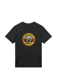 Zwarte katoen t-shirt met een versleten ronde afbeelding van een schedel, geweren, rozen en de tekst "GUNS N' ROSES" in het geel.