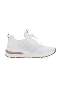 Weißer Sportschuh mit Mesh- und Synthetik-Obermaterial, mit einem gemusterten Seitenpaneel, gepolsterter Sohle und hellbeigen Akzenten.