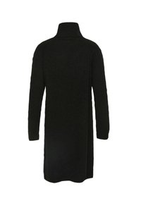 Lång svart tröja med hög krage, tillverkad av fluffigt material, med långa ärmar och en rak skärning. Inga synliga stängningar eller dekorationer.