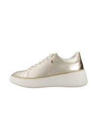 Sneaker in oro metallico con texture liscia, punta rotonda e suola piatta bianca. Presenta cuciture dettagliate e sei asole per i lacci.