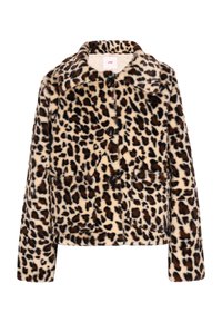 Jachetă din blană ecologică cu model leopard, guler clasic, patru nasturi negri și două buzunare frontale. Textură moale și culori calde.