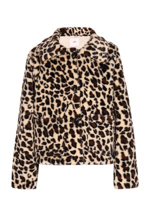 Jas van nep bont met luipaardpatroon, met een kraag, vier zwarte knopen en twee voorzakken. Zachte textuur en warme kleuren.