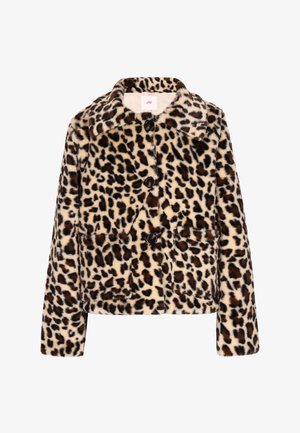 Jakna iz umetnega krzna z leopardjim vzorcem, ovratnikom, štirimi črnimi gumbi in dvema sprednjima žepoma. Mehka tekstura in topli odtenki.