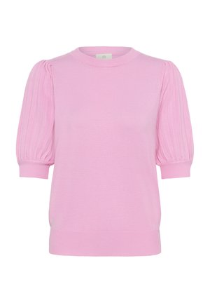 Pulover roz deschis cu mâneci scurte bufante și dungi pe mâneci, cu guler rotund, pe un fundal alb.