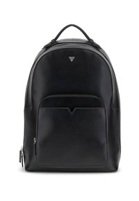 Sac à dos en cuir noir au design arrondi et élégant, avec une poche zippée à l'avant et un logo en évidence. Il comprend une poignée supérieure et des bretelles ajustables.