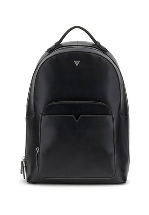 Black leather backpack with a sleek rounded design, front zip pocket, and prominent logo accent. Features a top handle and adjustable straps.