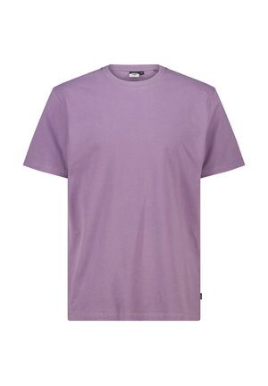 T-shirt à col rond à manches courtes de couleur lavande uni, avec une petite étiquette sur le côté bas de la couture, présenté sur un fond blanc.
