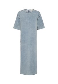 Denim kleit, helesinine, lühikesed varrukad, sirge siluett, ümmargune kaelus, viimistlemata äär ja külgaukud liikumise hõlbustamiseks.