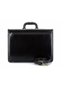 Czarna skórzana teczka z eleganckim, błyszczącym wykończeniem. Posiada górny uchwyt, regulowany pasek na ramię oraz kieszeń tylnią zamykaną na zamek.
