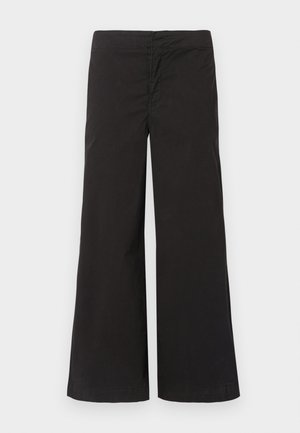Black wide-leg trousers made of smooth fabric, featuring a simple waistband and no visible hardware or patterns. Crisp, clean lines.