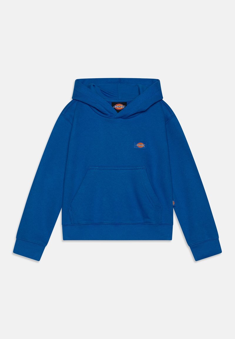 Sweat à capuche en coton bleu avec poche avant, poignets et ourlet côtelés. Comprend un petit patch logo sur la poitrine et une poche kangourou.