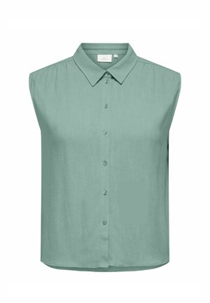 Bezrukávová svetlozelená blúzka s bodovým golierom a zapínaním na gombíky vpredu, vyrobená z ľahkej látky.