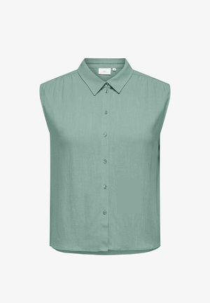 Varrukateta heleroheline pluus terava krae ja eesnuppudega, valmistatud kergest kangast.