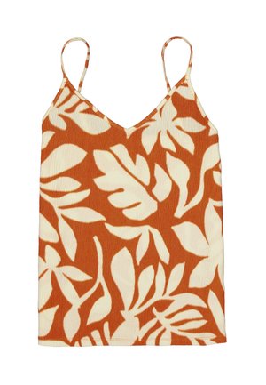 Bruin en crème tanktop met een V-hals en dunne bandjes, met een bladpatroon op gestructureerde stof.