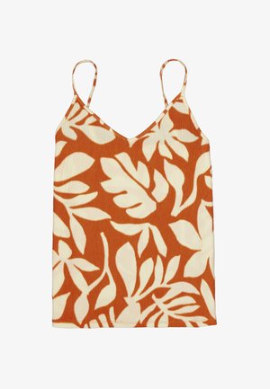 Braun-cremefarbener Tanktop mit V-Ausschnitt und dünnen Trägern, mit einem Blattmuster auf texturiertem Stoff.