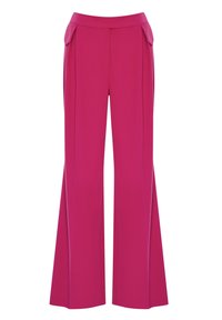 Fuchsiové široké kalhoty s hladkou texturou, vybavené vysokým pasem a předními záhyby, navržené pro moderní siluetu.