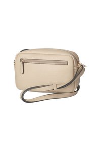 Beige leather crossbody bag with pebbled texture, a front zip pocket, and a dual-tone strap. Features clean lines and a rectangular shape.