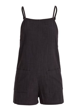Black sleeveless romper featuring adjustable straps, front pockets, and a textured fabric design. Simple and casual style.