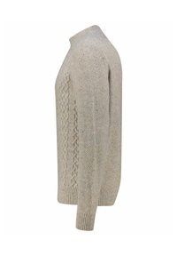 Hellbeige gestrickter Pullover mit einem strukturierten Zopfmuster auf einer Seite, gerippten Bündchen und Saum sowie einem runden Halsausschnitt.