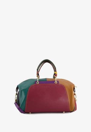 Lederhandtasche mit einer Mischung aus grünen, lila, braunen und burgunderfarbenen Paneelen. Sie verfügt über zwei Griffe, goldene Beschläge und ein geräumiges Design.