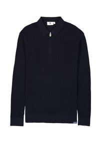 Marineblauwe geribbelde gebreide pullover met een ritssluitingskraag. Beschikt over lange mouwen, een rechte zoom en een klein logotag aan de onderzijde links.