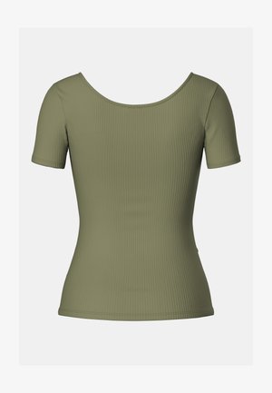 Korte mouwen, geribbelde top in olijfgroen. Heeft een ronde hals en een aangesloten model, gemaakt van rekbare stof voor comfort.