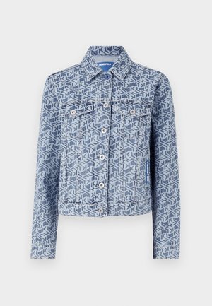 Veste en denim avec un motif géométrique bleu, fermeture à boutons à l'avant, deux poches poitrine et un col classique.