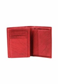Red leather wallet with multiple card slots, a compartment for bills, and textured finish. Features embossed logo on inside.