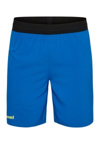 Pantalones cortos deportivos azules con una cinturilla elástica negra, que cuentan con una textura suave y un pequeño logo amarillo en la parte inferior izquierda.