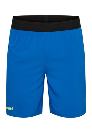 Blauwe sport shorts met een zwarte elastische tailleband, met een gladde textuur en een klein geel logo aan de onderlinkerkant.