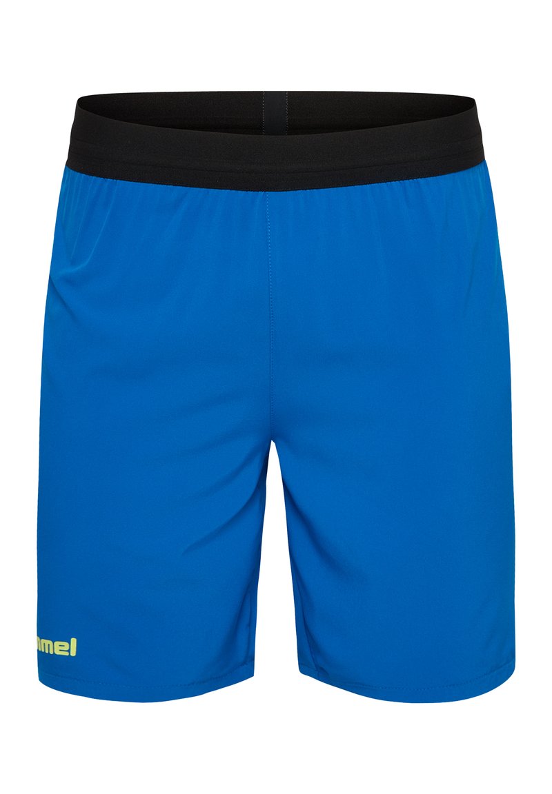 Pantalones cortos deportivos azules con una cinturilla elástica negra, que cuentan con una textura suave y un pequeño logo amarillo en la parte inferior izquierda.