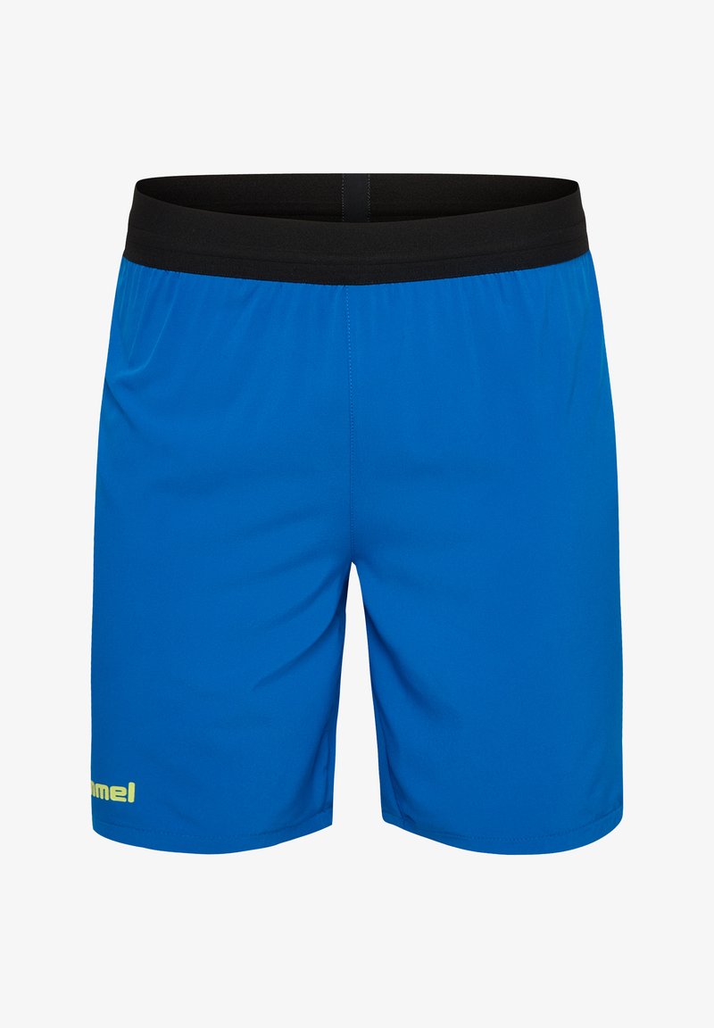 Pantalones cortos deportivos azules con una cinturilla elástica negra, que cuentan con una textura suave y un pequeño logo amarillo en la parte inferior izquierda.