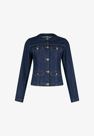Džínová bunda v tmavě modré barvě s bezkloboukovým designem, předním zapínáním na stříbrné knoflíky, dvěma náprsními kapsami a dvěma spodními kapsami se střihovým siluetou.