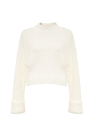 Weißer, kurzer Pullover mit geripptem Muster, hohem Halsausschnitt und breiten, gerippten Bündchen. Weiches Strickmaterial für angenehme Wärme.