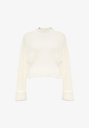 Weißer, kurzer Pullover mit geripptem Muster, hohem Halsausschnitt und breiten, gerippten Bündchen. Weiches Strickmaterial für angenehme Wärme.