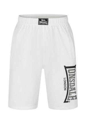 Shorts blancs avec une taille élastique, des poches latérales et un grand logo "Lonsdale" noir et gris sur la jambe gauche. Texture de tissu douce.