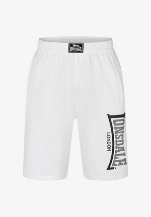 Pantaloni corti bianchi con vita elasticizzata, tasche laterali e un grande logo "Lonsdale" nero e grigio sulla gamba sinistra. Tessuto morbido.