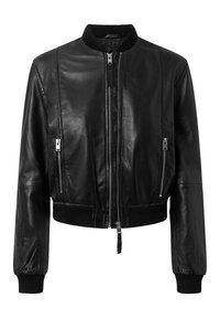 Giubbotto bomber in pelle nera con colletto a coste aderente, due tasche laterali con zip e polsini a coste, caratterizzato da una texture liscia e un design elegante.