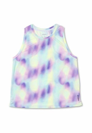 Varrukateta tank top kerge võrgukangaga, millel on pastelsed lipsuvärvitoonid lillast, sinisest ja kollasest.