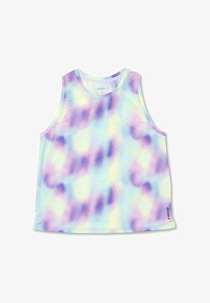 Débardeur sans manches en tissu mesh léger, présentant un motif tie-dye pastel aux nuances de violet, bleu et jaune.