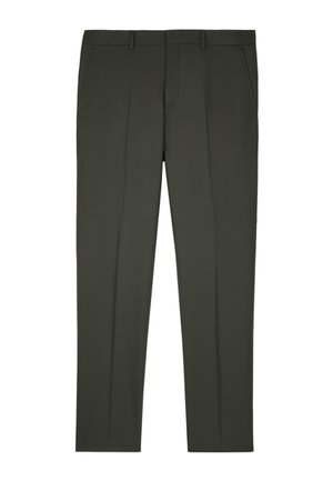 Pantalones ajustados en verde oscuro con trabillas, pliegue frontal y bolsillos laterales, exhibidos sobre un fondo blanco.